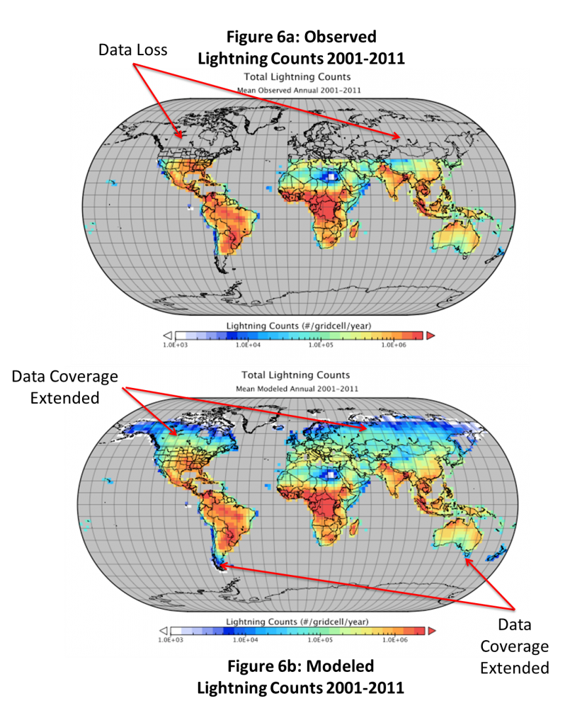 Global lightning map before D. Cunningham's research (top) and after (bottom).  Northern latitudes were completely missing before his project started.  Evaluation of the results are the next step.