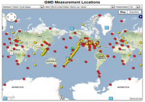 Sites around the world that are monitoring CO2 and other gases in the atmosphere.