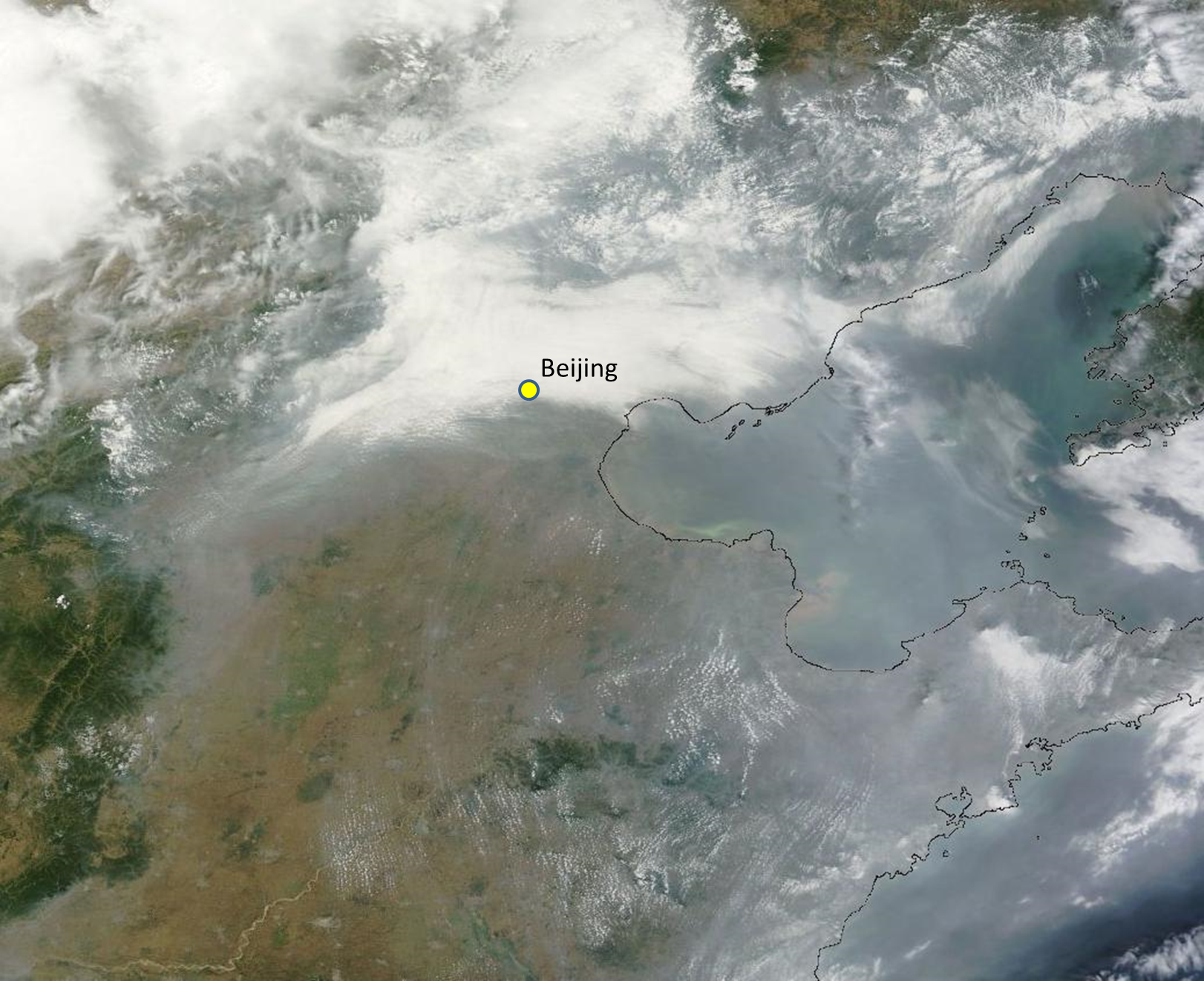 Satellite image from MODIS sensor on the NASA Terra satellite for June 28 2013.  Beijing location is approximate.
