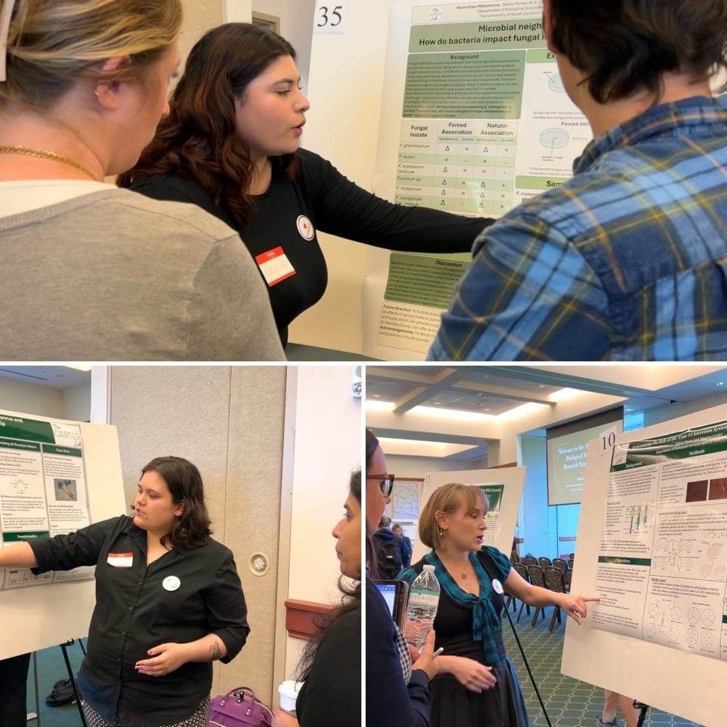 Three photos of women presenting scientific posters to onlookers