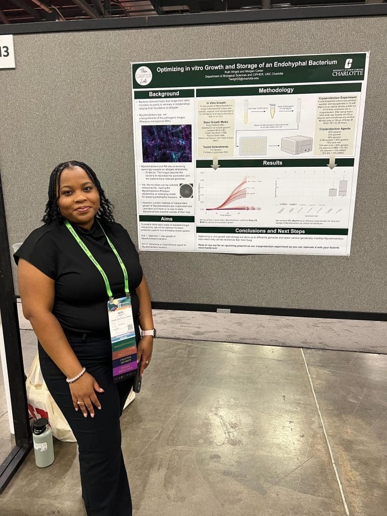 A woman posing in front of her poster