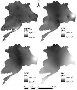 A comparison of wind speed spatial interpolation maps using MIDW(Ws), IDW, OCK, and OK.